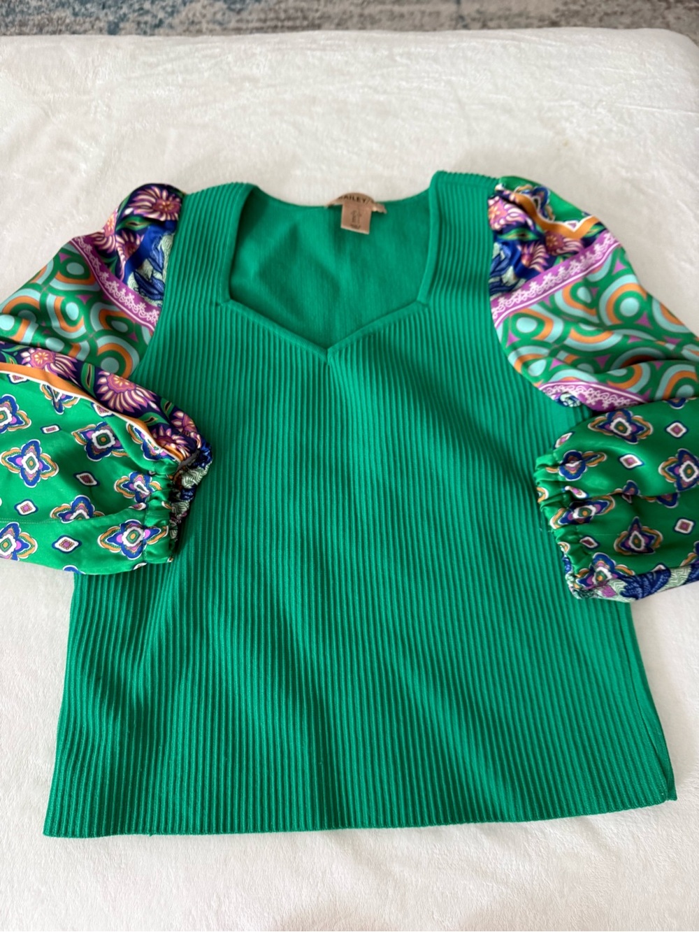 Bailey 44 Green Ribbed Knit Top Multi Color Pattern Balloon Sleeve Womens L D91